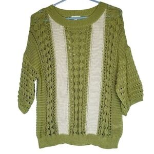 La Miel‎ Lacy Dreams Striped Knit Sweater Open Weave Olive Green Cream Casual L
